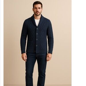 Old Navy Navy Blue Cable Knit Shawl Collar Cardigan Sweater Men Large Cotton